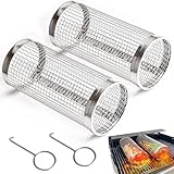 HXUING Rolling Grillkorb, 2 Stück Zylindrischer Grillkorb Edelstahl Rolling Grilling Basket Grillkorb Gitterrost Zylinder, für Camping und Terrassengrills Freien, für Gemüse, Fleisch