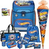 Pridera Scooli Schulranzen 1.Klasse Jungen Hot Wheels Auto EasyFit Set 12tlg. mit Sporttasche Brustbeutel Brotdose Trinkflasche Stifteköcher, passend dazu Schultüte Hot Wheels Auto gratis