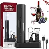 QSMYUYE Elektrischer Korkenzieher Wein, Geschenkbox 6-in-1 Elektrischer Weinflaschenöffner mit Folienschneider, Vakuumstopfen und Weinausgieer, USB Wiederaufladbare Batterie