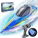 JONRRYIN Ferngesteuertes Boot, RC Boot mit LED-Licht für Pools und Seen, 2,4 GHz Ferngesteuerte Boote RC Rennboot, Speedboot Poolspielzeug für Kinder und Erwachsene (Blue)