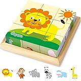 Japace Würfelpuzzle Holz, 3D Bilderwürfel Puzzlespiele 6 in 1 Tier-Motive Holzpuzzle Montessori Spielzeug für Kinder ab 1 2 3 4 Jahren, Lernspielzeug Holzspielzeug für Jungen und Mädchen