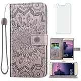 Asuwish Handyhülle für Huawei P10 Lite Hülle mit Glas Folie Schutzfolie und Kartenfach Klappbar Leder Geldbörse Ständer Hawaii P 10 P10Lite Handy Hüllen Mandala Schutzhülle Handyhüllen Phone Case Grau