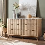 Flexoliving Kommode mit 6 Schubladen, 137 cm Moderner Rillen-Hochschrank mit Melaminplatte in Marmor-Optik, Gewölbtes Design (Natur-Eiche)