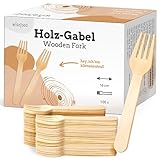 wisefood Einweggabeln aus Birkenholz, 100 Stück Holzgabeln Einweg 16cm, Biologisch abbaubares und stabiles Einwegbesteck, Holzgabel, Gabeln Einweg