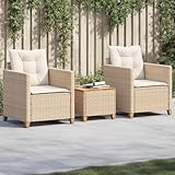 Willood 3tlg. Rattan Balkonset，Balkonmöbel Set 2 Sessel mit Hocker, Gartenlounge Gartengarnitur， Gartenmöbel-Set Bistro-Set mit Kissen Beige Poly Rattan Akazienholz