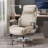 COLAMY Leder-Chefsessel mit Verstellbarer Lendenstütze & hochklappbaren Armlehnen – Ergonomischer Bürostuhl mit hoher Rückenlehne, 17cm Sitzpolsterung und 136kg Tragkraft für Homeoffice(Khaki)