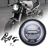 JMTBNO 6.5' Motorrad LED Frontscheinwerfer Schwarz 12V Universal Scheinwerfer Weißes Halo Lauflicht mit Halterung Kompatibel mit Honda Yamaha Suzuki Harley Cruiser Bobber Chopper Cafe Racer Retro