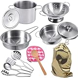 GOLCUGYJH Edelstahl Pretending Cooking Utensils Kochgeschirr Set, Mini Play Kitchen Zubehör, Spielen Töpfe und Pfannen Spielzeug in einem goldenen Stoffbeutel für Kinder Kleinkinder verpackt