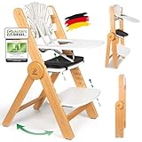 ZWERGHELD® Premium Kinderhochstuhl ZS3 Set - mitwachsend klappbar verstellbar, Hochstuhl Baby ab 6 Monaten bis 90kg belastbar, mit Essbrett - Treppenhochstuhl Kinderstuhl Holz High Chair (weiß-natur)