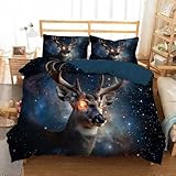 Weltraum Galaxie Bettwäsche Sets 3teilig Bettbezug, Geheimnisvoller Hirsch Muster 155x220CM Bettbezug und 2 Kissenbezüge 80x80 cm, 110gsm Wendebettwäsche Pflegeleichtigkeit mit Reißverschluss