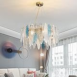 Round Crystal Lighting Gold Frosted/Smoke Gray Glass Hanging Lamp Living Room Dinner Room Lüster De Cristal (Emitting Color : Warm White Size : Blue)