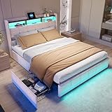 Bett 140 x 190 cm mit Lattenrost LED und USB, Doppelbett mit 4 Schubladen, Bettgestell mit Kopfteil mit Stauraum, gepolstertes Doppelbett mit Lattenrost, Leinen