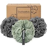 myHomeBody Großer 70g Luffaschwamm, Body Scrubber, Badeschwamm | Sanfter Peeling Schwamm - Körperreinigungs- und Duschschwamm mit Aktivkohle - 2 Graphite Gray + 1 Sage Green, 3er Pack