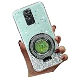 Tivenfezk Nadoli Sparkle Treibsand Ständer Hülle für Xiaomi Redmi Note 9,Versteckt Ständer Ring Klar Glitzer Stern Handyhülle Durchsichtig Bling Schutzhülle Case Cover,Grün