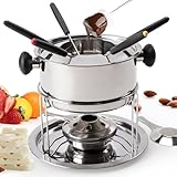 Virklyee Fondue Set Fondue-Set für Schokoladen Fondue-Set aus Edelstahl Fleischfondue Set Holzgriff Passende 6 Gabeln, geeignet für Versammlungen (Silber o2)