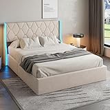 LONELYO Bett 140 x 200 cm mit Lattenrost, Doppelbett, Bettgestell 140 x 200 cm, Lattenrost 140 x 200 cm, gepolstert, Rahmen mit LED-Beleuchtung, Flanell (140 x 200 cm)