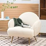 AISALL Sessel Moderner Loungesessel Einzel Loungesofa Lounge Sofa Gemütlicher Teddystoff Goldene Metallbeine Geeignet für Wohnzimmer Schlafzimmer, Weiß, Armlehne