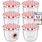 WELLGRO 6x Einmachgläser mit Schraubdeckel, 230 ml Einmachglas Klein, Marmeladengläser Rot Karierte, Kleine Gläser mit Deckel To 82, Einweckgläser Made in Germany, Schraubgläser Stückzahl: 6 Stück