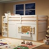 TOBIDOEN Kinder Hochbett 90x200 cm, Massivholzbett mit Leiter und Rausfallschutz, Tür und Fenster Unten, Etagenbett Kinderspielecke oder Schlafecke, Ohne Matratze, Weiß