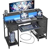 BEXEVUE Gaming Schreibtisch mit Steckdosen LED - 120x50cm Moderner Computertisch mit Tastaturablage, 4 Umkehrbare Schubladen, Großes Lagerregal zum Lernen Spielen Arbeiten Schlafzimmer Heimbüro