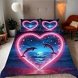 Zbeiba Meeresoberfläche mit herzförmigen Delfinen Bettwäsche 155x220,Kinder Mikrofaser Bettbezug mit Reißverschluss und 2 Kissenbezüge(155x220+2 * 50x75,#8