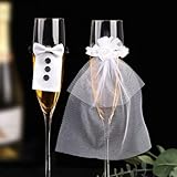 MEJOSER Hochzeitsdeko für Champagnerglas Sektglasüberzug Hochzeit Deko Mr & Mrs Glasdekoration Geschenke für Brautpaar Braut und Bräutigam Tischdeko JGA Verlobung Jubiläum Mini Kleid