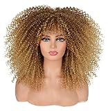 ISAMY Lange lockige Perücken für Schwarze Frauen Afro Bomb Curly Perücke mit Pony Synthetische Faser Klebefrei Lange Afro Kinky Curly Haar (Ombre Blond)