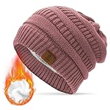 Durio Mütze Damen Winter Strickmütze Grobstrick Warme Beanie mit Innenfutter Pink