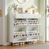 Schuhschrank, Schuhkipper Schmal mit 4 Klapptüren und 2 Schubladen, Schuhregal, Schuhkommode mit Metallgriffen, geeignet für Flur, Schlafzimmer und Wohnung, Farbe: Weiß, Maße: 106.5x25x105.5 cm