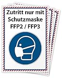 3 Aufkleber Maskenpflicht, Zutritt nur mit Schutzmaske (Filt.-Face-Piece 2 oder 3) Hinweis-Schild für die Corona Epidemie, Folie selbstklebend DIN A4 (297 x 210 mm) groß