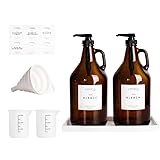 Glas-Waschmittelspender (2 Stück) – langlebiger bernsteinfarbener Seifenspender – Flüssigseifenspender mit Silikonablage, Etiketten, Messbechern und mehr – vielseitige Wäsche-Organisation und