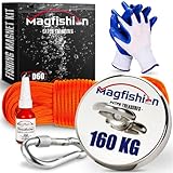 Magfishion - Magnetfischen Set – 160 kg - Ø60mm - Neodym Magnet - Perfekt zum Magnet Fischen - Mit Dunkelorange Seil (20M) & Handschuhe – Ösenmagnet - Magnetangeln