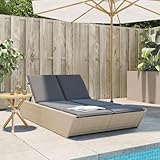IKAYAA Doppelliege Outdoor 2 Personen Verstellbar Sonnenliege 2 Personen Rattan Sonnenliege Sonnenbett Loungebett Gartenbett mit Auflage Liege Outdoor Rattanliege Beige und Grau