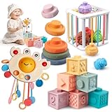 Fozcmisw Montessori Spielzeug für Baby, 4 in 1 Sensorisches Baby Spielzeug Motorikspielzeug- Montessori Zugschnur, Stapelwürfel, Stapelringe, Babywürfel Spielzeug