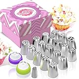 MoNiRo 33tlg. Edelstahl Profi Spritztüllen Set - Große Russische Tüllen + Spritzbeutel aus Silikon & Backzubehör zum verzieren von Cupcakes & Torten - Spritztüllenset - Rosen Blumen - Blätter