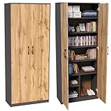 Home Collective Mehrzweckschrank mit 8 Fächern Besenschrank Haushaltsschrank in mattem Finish mit 6 Einlegeböden und 2 Türen 74 cm breit aus Laminatplatte und hochwertigen Polymergriffen graphit Eiche