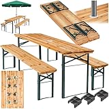 tectake® Bierzeltgarnitur mit Tisch und 2X Bierbank, mit Schirmhalterung und 12 Bodenschoner Bierzeltgarnitur, Balkon Möbel mit 1x Klapptisch und 2X Bierbänke, klappbar, 170 x 46 x 78 cm, lackiert