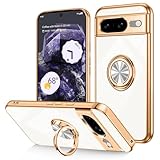Dinick Schutzhülle für Google Pixel 8, mit Ringhalter, Kickstand, weiches TPU, vergoldet, kratzfest, stoßfest, schlank, magnetischer Ständer, für Google Pixel 8, Weiß