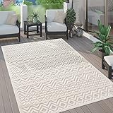 Paco Home Outdoor Teppich wetterfest & langlebig Moderne Boho-Designs mit 3D-Effekt Skandi-Look UV-beständig & robust für Balkon, Garten, Wohnzimmer & Küche, Grösse:80x150 cm, Farbe:Creme