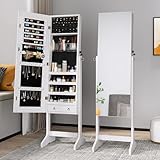 Dripex Schmuckschrank mit Spiegel stehend, Schmuck Spiegelschrank abschließbar, 2 in 1 Make-Up und Schmuck Aufbewahrung, Schmuck Organizer mit Standspiegel für Ketten, Ohrringe, Schminke, weiß