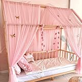 Baby Fancyroom Hausbett Himmel rosa Betthimmel Deko Set Kinderzimmer Kinderbett Baldachin Pompongirlande aus Premium Tüll für Hausbetten (380cm, ohne Schmetterlinge)