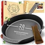 KRUSTENZAUBER 28cm Gusseisenpfanne Induktion - Fein Geschliffene Gusseisen Pfanne - Ideale Grillpfanne Induktion, Eisenpfanne, Cast Iron Pan, Bratpfanne, Gusseiserne Pfanne Skillet Gusspfanne