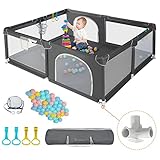 COMOMY Laufstall Baby, 180x200x66cm Laufgitter Baby Große xxl Sicherheitsspielplatz Schutzgitter für Kinder mit Weichem Netz, Rutschfestem Oxford Bottom, Bällen, Mini-Körbchen und 4 Zugringen