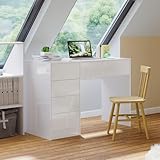 Bellamio Livny Schreibtisch Hochglanz weiß mit 5 Schubladen – Schminktisch ohne Spiegel – White Desk with Drawers 75x53x110 cm – Jugendschreibtisch - Bürotisch mit Schubladen beidseitig montierbar
