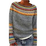 JIABAOZ Norweger Pullover Damen Kaschmir, Eleganter Bunter Strickpullover, Weicher Wollpullover mit Rundhals und Langarm, Warmes Herbst-Winter Outfit in Großen Größen (L,Yellow)