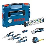 Bosch Professional Handwerkzeug-Set, 10-teilig (inkl. 2x Zange, 1x Cutter, 1x Maßband, 1x 25-cm-Wasserwaage, 1x Messer, 10x Ersatzklinge, 2x L-BOXX-Einlage, L-BOXX)