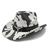 Jellecutte Cowboy Hut Damen Herren, Cowgirl Hut mit Kuhmuster aus Wildlederoptik, Westernhut mit Kinnband, Breite Krempe 8cm, Sonnenschutz für Festival, Party & Urlaub-Black
