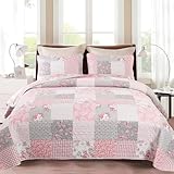 DECMAY Tagesdecke 220x240 Rosa Patchworkdecke Bettüberwurf Tagesdecke mit Blumenmuster, Überwurfdecke Bett für Doppelbett, 3-teiliges Tagesdecke mit Kissen Set, Romantisches und gemütliches Design