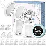 Doppelte Milchpumpe Elektrisch,Abpumpen Muttermilch mit 10 Aufbewahrungsbeuteln und 2 Sauger,3 Modi und 9 Saugstufen,Anti-Rückfluss,Mikro-Vibrationsmassage,Wiederaufladbare Tragbare Breast Pump