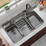 Küchenspüle aus Edelstahl mit Wasserfall-Wasserhahn, Einzelbecken-Unterbauspüle, inklusive Seifenspender, Unterlegscheibe und Abflusssieb-Set